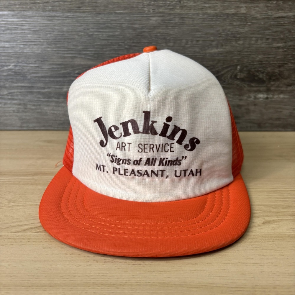 Vintage Jenkins Art Service Hat Snap Back Orange White Trucker Mesh Advertising